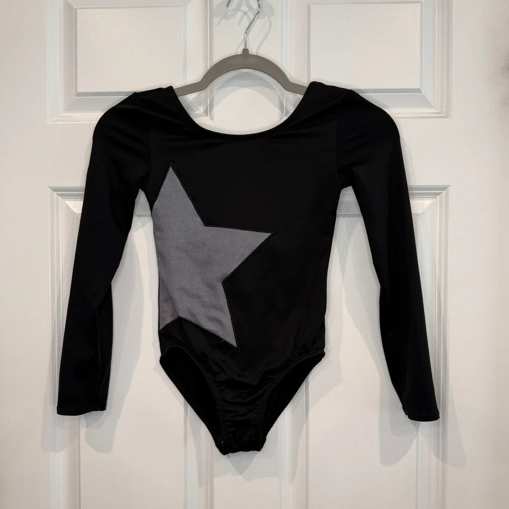 More Than Magic Girls Black Long Sleeve Gymnastics Leotard Silver Star Size 7/8